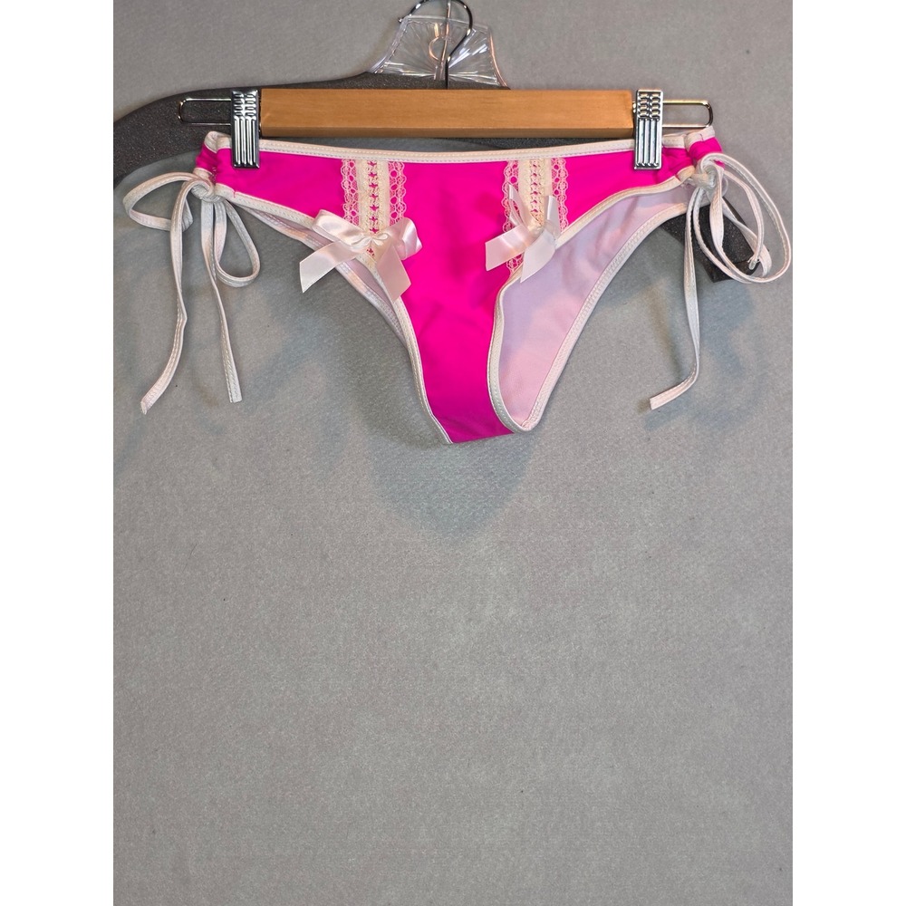 Reteron Hot Pink Lace Trim Side Tie Bikini Bottom Ruched Back Small 15113
